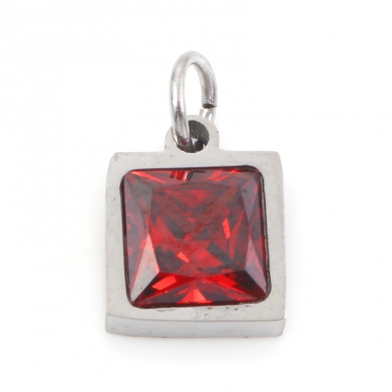 Picture of 304 Stainless Steel Charms Silver Tone Square Red Brown Cubic Zirconia 13mm x 8mm, 1 Piece