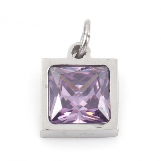 Picture of 304 Stainless Steel Charms Silver Tone Square Purple Cubic Zirconia 13mm x 8mm, 1 Piece