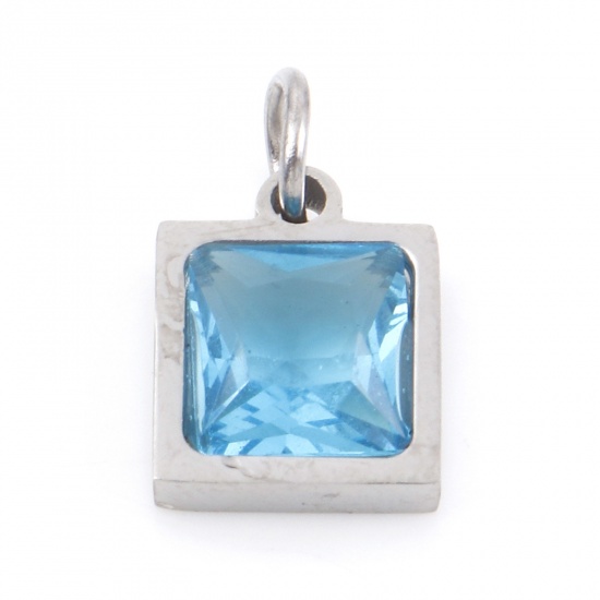 Picture of 304 Stainless Steel Charms Silver Tone Square Skyblue Cubic Zirconia 13mm x 8mm, 1 Piece
