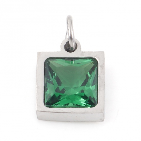 Picture of 304 Stainless Steel Charms Silver Tone Square Emerald Cubic Zirconia 13mm x 8mm, 1 Piece