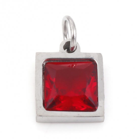 Picture of 304 Stainless Steel Charms Silver Tone Square Red Cubic Zirconia 13mm x 8mm, 1 Piece