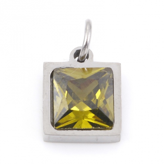 Picture of 304 Stainless Steel Charms Silver Tone Square Olive Green Cubic Zirconia 13mm x 8mm, 1 Piece