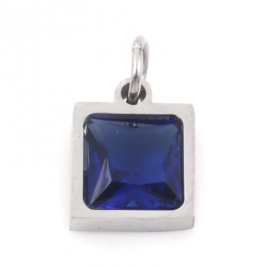 Picture of 304 Stainless Steel Charms Silver Tone Square Deep Blue Cubic Zirconia 13mm x 8mm, 1 Piece
