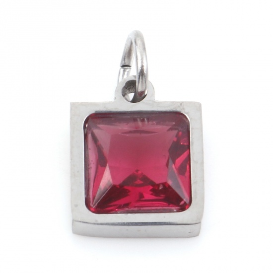 Picture of 304 Stainless Steel Charms Silver Tone Square Fuchsia Cubic Zirconia 13mm x 8mm, 1 Piece