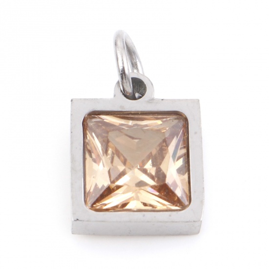 Picture of 304 Stainless Steel Charms Silver Tone Square Champagne Cubic Zirconia 13mm x 8mm, 1 Piece