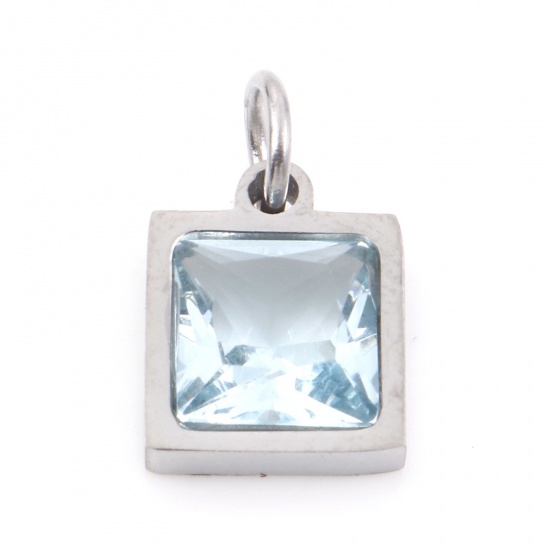 Picture of 304 Stainless Steel Charms Silver Tone Square Light Blue Cubic Zirconia 13mm x 8mm, 1 Piece