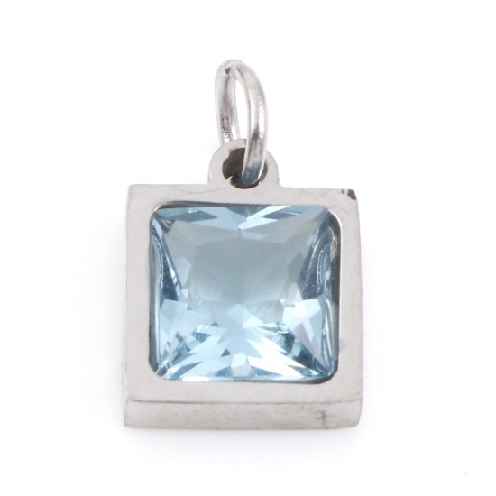 Picture of 304 Stainless Steel Charms Silver Tone Square Aqua Blue Cubic Zirconia 13mm x 8mm, 1 Piece