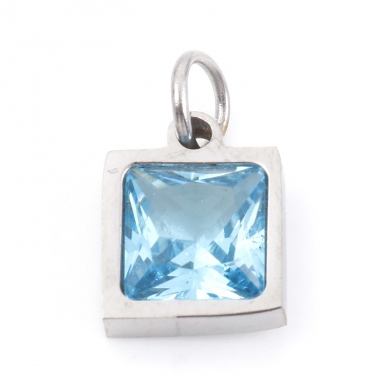 Picture of 304 Stainless Steel Charms Silver Tone Square Blue Cubic Zirconia 13mm x 8mm, 1 Piece