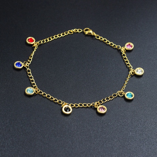 Picture of 304 Stainless Steel Ins Style Curb Link Chain Anklet Gold Plated Star Multicolor Rhinestone 22cm(8 5/8") long, 1 Piece