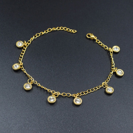 Picture of 304 Stainless Steel Ins Style Curb Link Chain Anklet Gold Plated Star Clear Rhinestone 22cm(8 5/8") long, 1 Piece