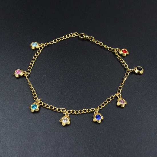 Picture of 304 Stainless Steel Ins Style Curb Link Chain Anklet Gold Plated Star Multicolor Rhinestone 22cm(8 5/8") long, 1 Piece