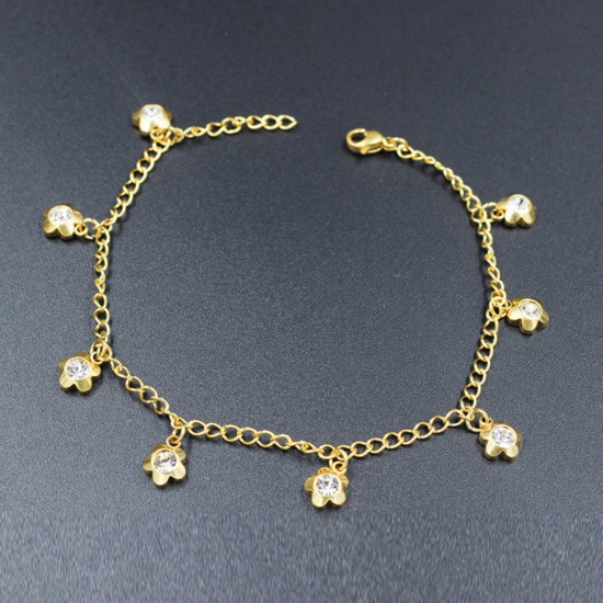 Picture of 304 Stainless Steel Ins Style Curb Link Chain Anklet Gold Plated Star Clear Rhinestone 22cm(8 5/8") long, 1 Piece