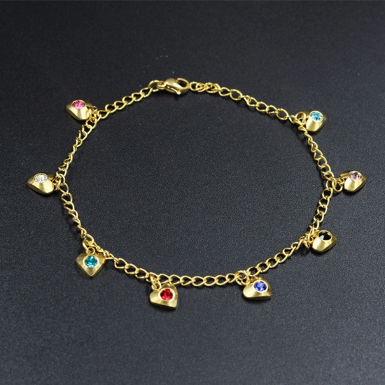 Picture of 304 Stainless Steel Valentine's Day Curb Link Chain Anklet Gold Plated Star Multicolor Rhinestone 22cm(8 5/8") long, 1 Piece