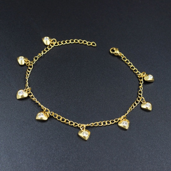 Picture of 304 Stainless Steel Valentine's Day Curb Link Chain Anklet Gold Plated Star Clear Rhinestone 22cm(8 5/8") long, 1 Piece