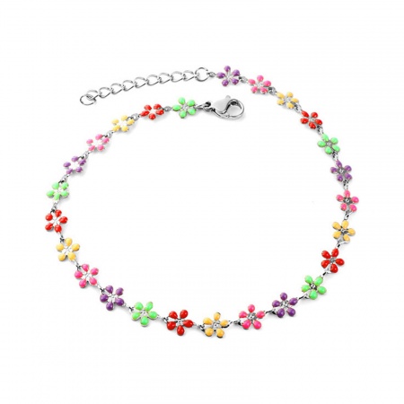 Bild von Großhandel Blumen Bunt Emaille 304 Edelstahl Schmuckkette Kette Fußketten, Silberfarbe Frauen Stilvoll Stilvoll Geschenk Schmuckbedarf, 22cm lang, 1 Strang