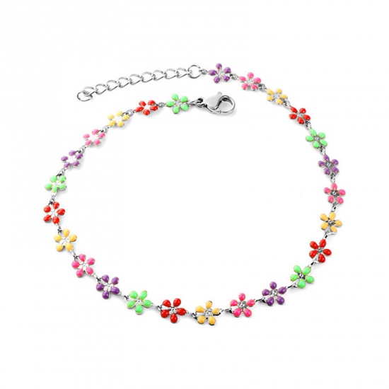 Picture of 304 Stainless Steel Stylish Link Chain Anklet Silver Tone Multicolor Enamel Flower 22cm(8 5/8") long, 1 Piece