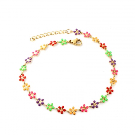 Bild von Großhandel Blumen Bunt Emaille 304 Edelstahl Schmuckkette Kette Fußketten, Vergoldet Frauen Stilvoll Stilvoll Geschenk Schmuckbedarf, 22cm lang, 1 Strang