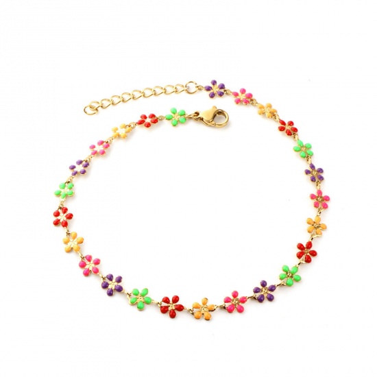 Picture of 304 Stainless Steel Stylish Link Chain Anklet Gold Plated Multicolor Enamel Flower 22cm(8 5/8") long, 1 Piece