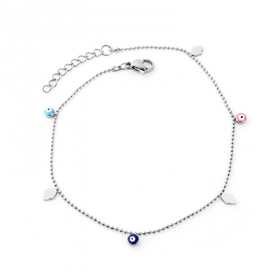 Picture of 304 Stainless Steel Stylish Link Chain Anklet Silver Tone Multicolor Enamel Evil Eye 22cm(8 5/8") long, 1 Piece