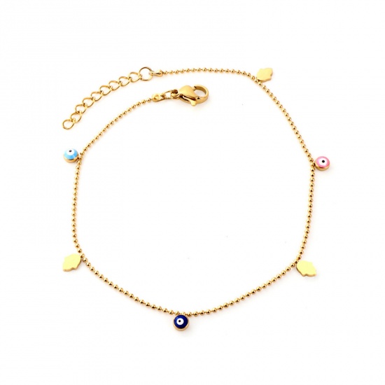 Picture of 304 Stainless Steel Stylish Link Chain Anklet Gold Plated Multicolor Enamel Evil Eye 22cm(8 5/8") long, 1 Piece