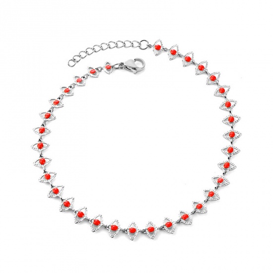 Picture of 304 Stainless Steel Stylish Link Chain Anklet Silver Tone Red Enamel Evil Eye 22cm(8 5/8") long, 1 Piece