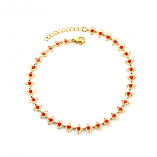 Picture of 304 Stainless Steel Stylish Link Chain Anklet Gold Plated Red Enamel Evil Eye 22cm(8 5/8") long, 1 Piece