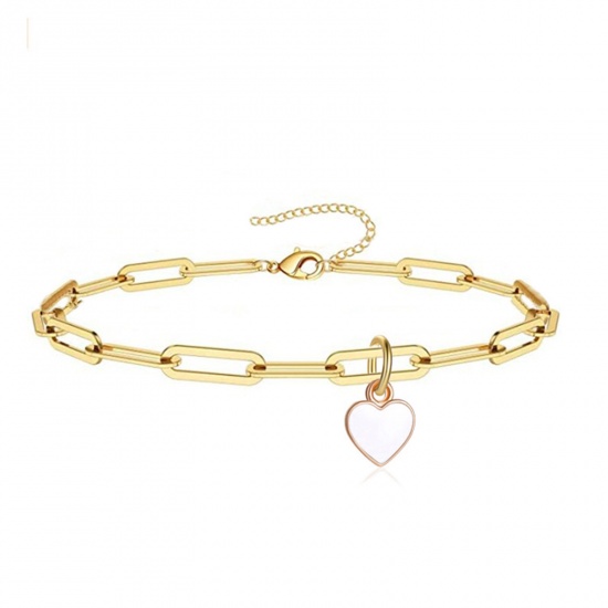 Picture of 304 Stainless Steel Valentine's Day Link Cable Chain Anklet Gold Plated White Enamel Heart 21cm(8 2/8") long, 1 Piece