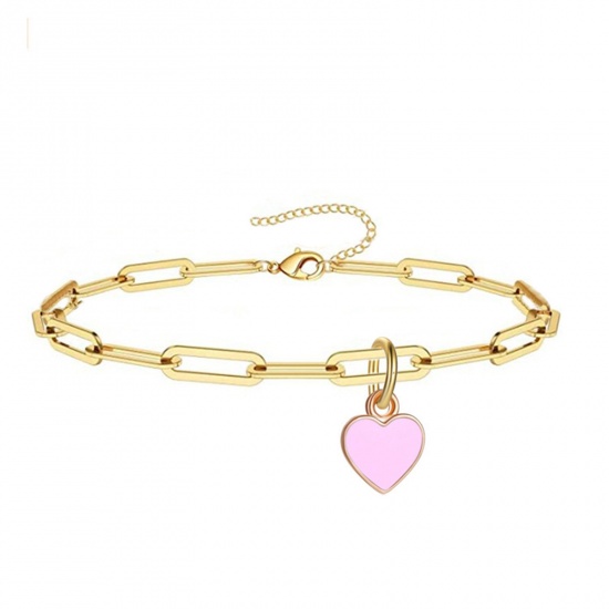 Picture of 304 Stainless Steel Valentine's Day Link Cable Chain Anklet Gold Plated Pink Enamel Heart 21cm(8 2/8") long, 1 Piece