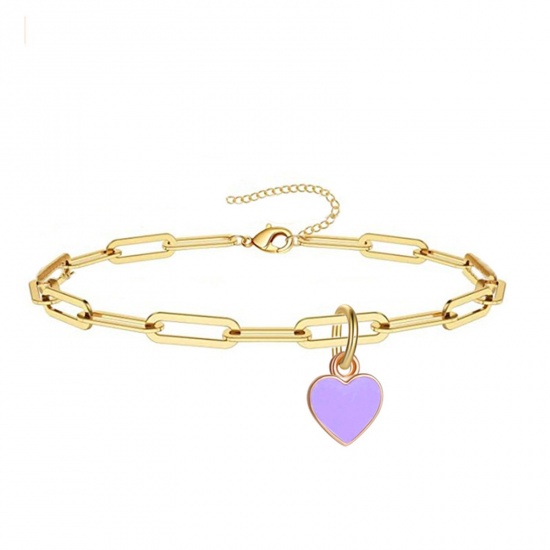Picture of 304 Stainless Steel Valentine's Day Link Cable Chain Anklet Gold Plated Purple Enamel Heart 21cm(8 2/8") long, 1 Piece