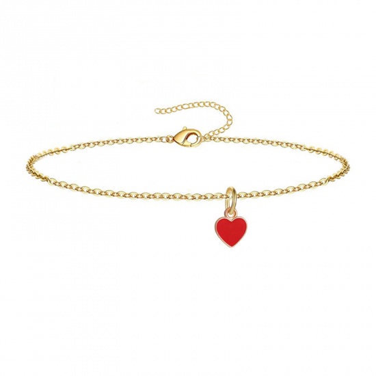 Picture of 304 Stainless Steel Valentine's Day Link Cable Chain Anklet Gold Plated Red Enamel Heart 21cm(8 2/8") long, 1 Piece