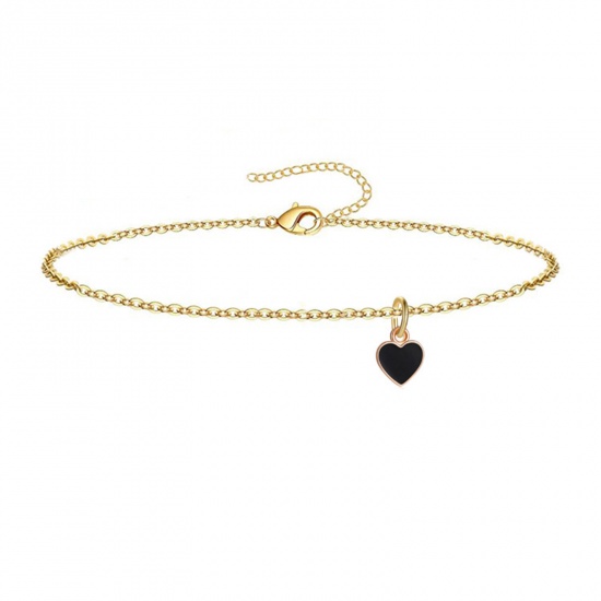 Picture of 304 Stainless Steel Valentine's Day Link Cable Chain Anklet Gold Plated Black Enamel Heart 21cm(8 2/8") long, 1 Piece
