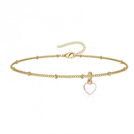Picture of 304 Stainless Steel Valentine's Day Curb Link Chain Anklet Gold Plated White Enamel Heart 21cm(8 2/8") long, 1 Piece