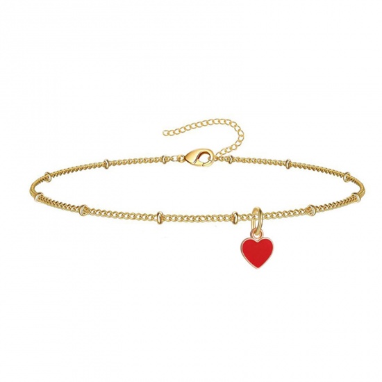 Picture of 304 Stainless Steel Valentine's Day Curb Link Chain Anklet Gold Plated Red Enamel Heart 21cm(8 2/8") long, 1 Piece