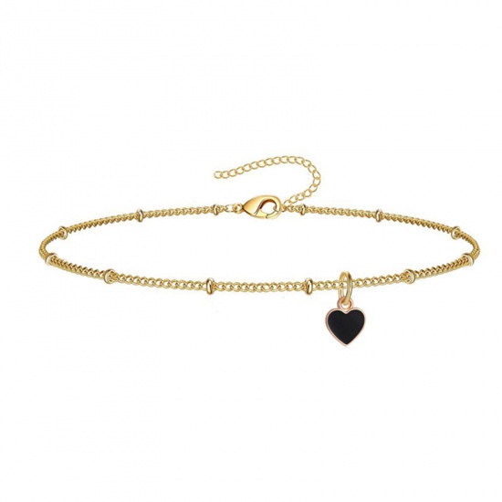 Picture of 304 Stainless Steel Valentine's Day Curb Link Chain Anklet Gold Plated Black Enamel Heart 21cm(8 2/8") long, 1 Piece
