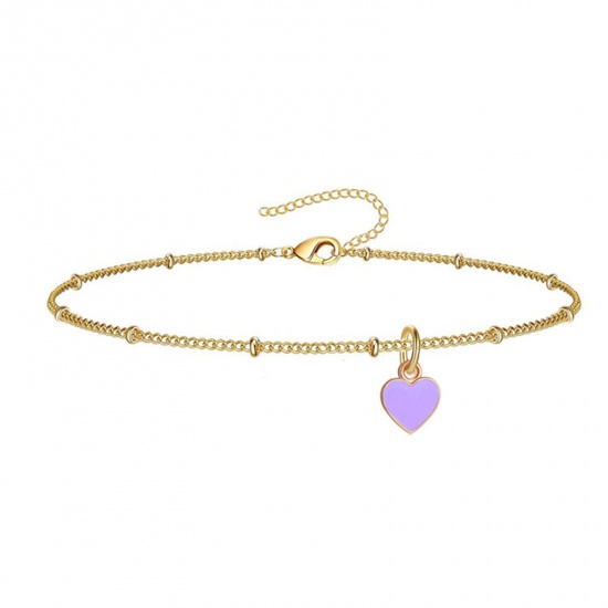 Picture of 304 Stainless Steel Valentine's Day Curb Link Chain Anklet Gold Plated Purple Enamel Heart 21cm(8 2/8") long, 1 Piece