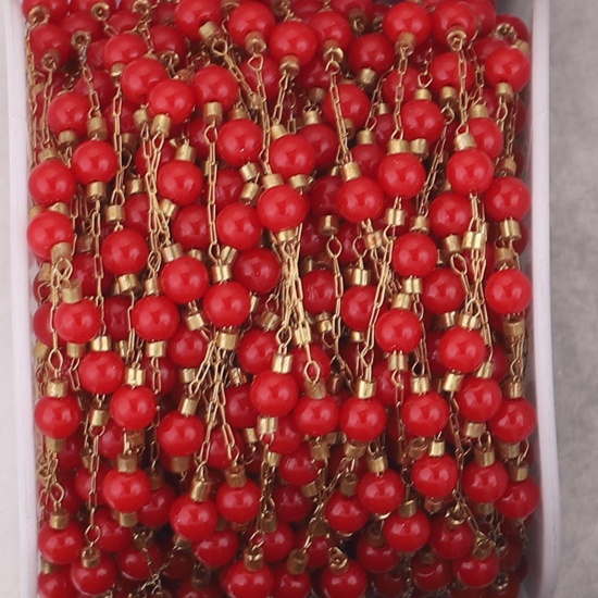 Picture of 1 M 304 Stainless Steel & Stone Beaded Chain For Handmade DIY Jewelry Making Findings Gold Plated Red 4.5mm - 4mm