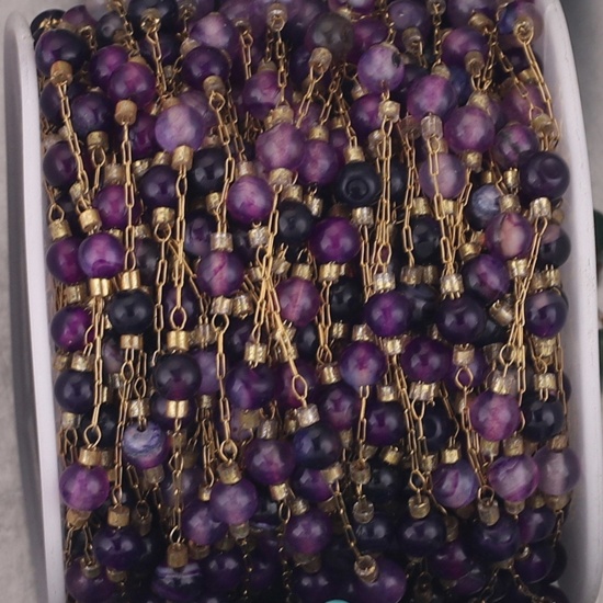 Picture of 1 M 304 Stainless Steel & Stone Beaded Chain For Handmade DIY Jewelry Making Findings Gold Plated Purple 4.5mm - 4mm