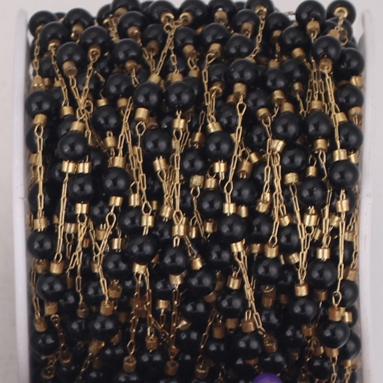 Picture of 1 M 304 Stainless Steel & Stone Beaded Chain For Handmade DIY Jewelry Making Findings Gold Plated Black 4.5mm - 4mm