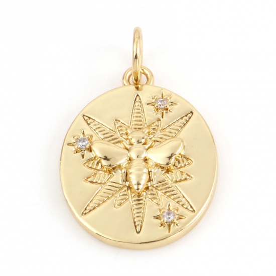 Picture of Brass Insect Charms 18K Real Gold Plated Round Bee Micro Pave Clear Cubic Zirconia 22mm x 14mm, 1 Piece                                                                                                                                                       