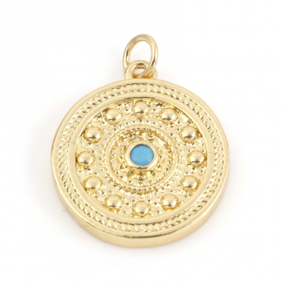 Picture of Brass Charms 18K Real Gold Plated Round Micro Pave Blue Cubic Zirconia 20mm x 15mm, 1 Piece                                                                                                                                                                   