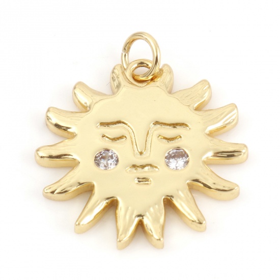 Picture of Brass Galaxy Charms 18K Real Gold Plated Sun Micro Pave Clear Cubic Zirconia 19mm x 16.5mm, 1 Piece                                                                                                                                                           
