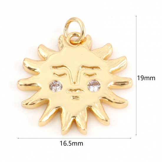 Picture of Brass Galaxy Charms 18K Real Gold Plated Sun Micro Pave Clear Cubic Zirconia 19mm x 16.5mm, 1 Piece