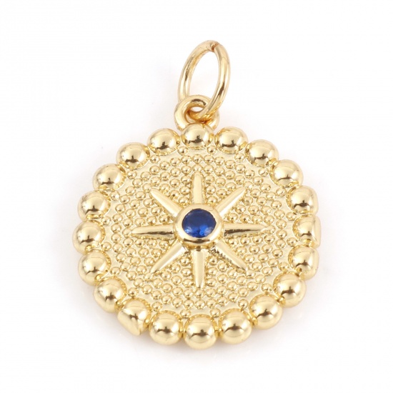 Picture of Brass Galaxy Charms 18K Real Gold Plated Round Star Micro Pave Deep Blue Cubic Zirconia 20mm x 15mm, 1 Piece                                                                                                                                                  