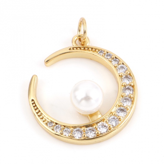Picture of Brass Galaxy Charms 18K Real Gold Plated White Half Moon Imitation Pearl Clear Cubic Zirconia 25mm x 19mm, 1 Piece                                                                                                                                            