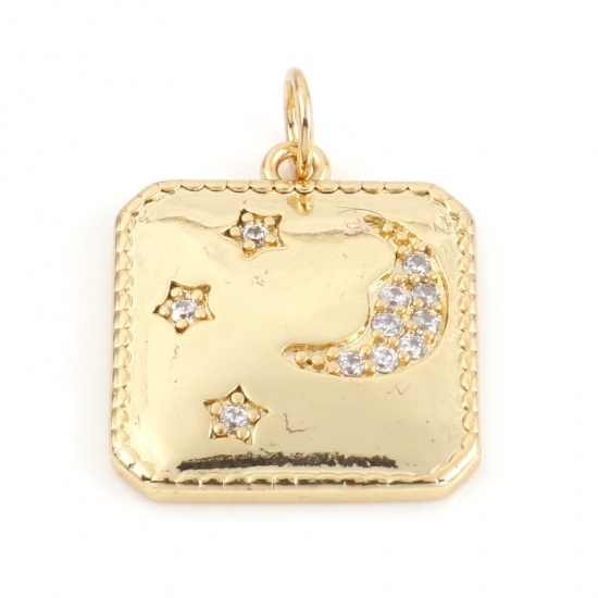 Picture of Brass Galaxy Charms 18K Real Gold Plated Square Moon Micro Pave Clear Cubic Zirconia 22mm x 16mm, 1 Piece                                                                                                                                                     