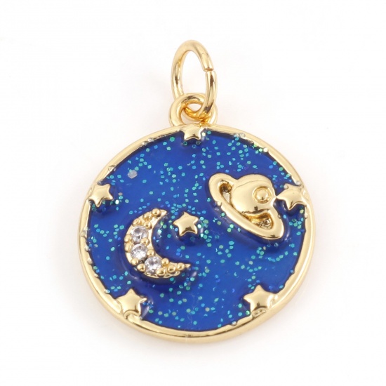 Picture of Brass Galaxy Charms 18K Real Gold Plated Round Moon Micro Pave Blue Cubic Zirconia 20mm x 14mm, 1 Piece                                                                                                                                                       