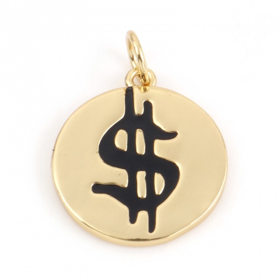 Picture of Brass Enamel Charms 18K Real Gold Plated Black Round US Dollar Double Sided 21mm x 15.5mm, 1 Piece                                                                                                                                                            