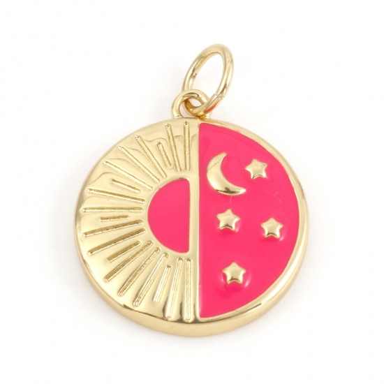 Picture of Brass Galaxy Charms 18K Real Gold Plated Fuchsia Round Sun & Moon Enamel 21mm x 15mm, 1 Piece                                                                                                                                                                 