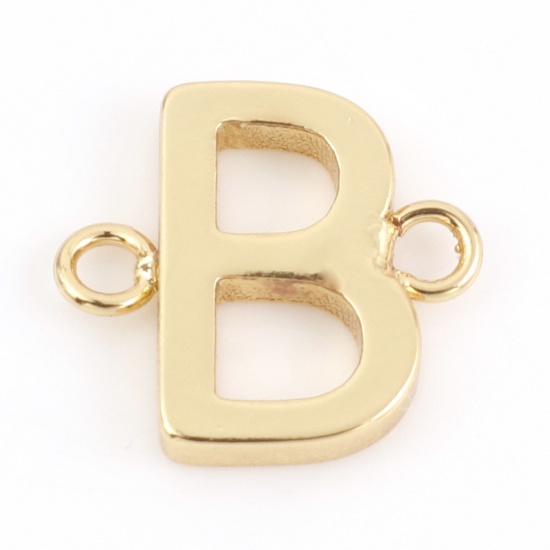 Immagine di Ottone Pendenti Charms Connettori Accessori Lettera 18K Vero Oro Placcato Lettere " B " 11mm x 10mm, 2 Pz