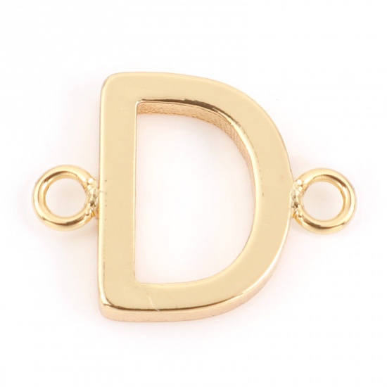 Immagine di Ottone Pendenti Charms Connettori Accessori Lettera 18K Vero Oro Placcato Lettere " D " 13mm x 10mm, 2 Pz